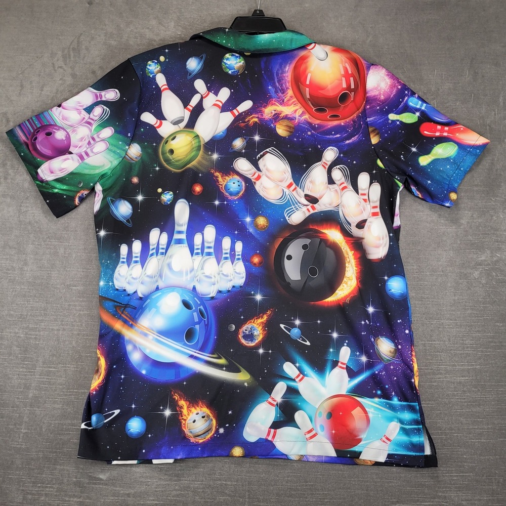 ACE Mens Bowling Ball Galaxy Space All Over Print Short Sleeve Button Up Shirt L - Picture 4 of 6